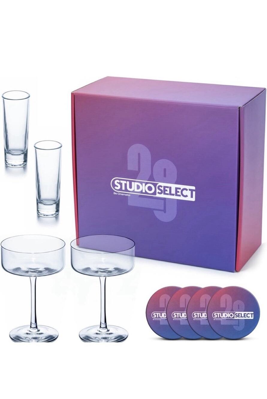 Studio Select Martini Glasses Coupe Set of 2 w/ 2 Double Shot Glasses 4 Coasters